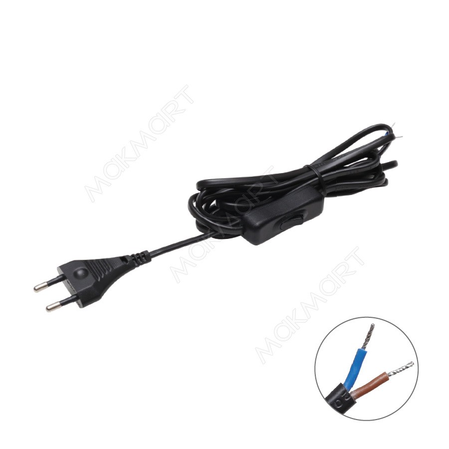EM.WS.2*0,5.3000.W.B Провод сетевой, 2*0,75, 3000 мм с вилкой Europlug и проходным выключателем, ч - фото - 1